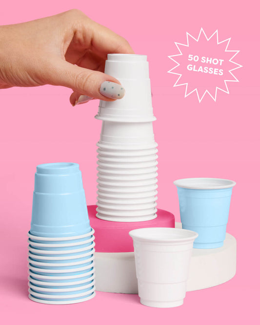 Blue + White Shot Glasses - 50 plastic shot glasses