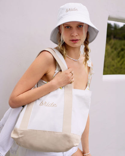 Beige Bride Tote - embroidered cotton tote