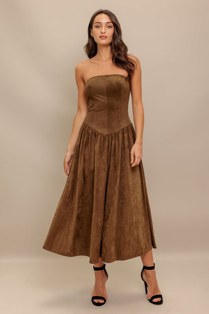WILD ESPRESSO FAUX SUEDE MIDI DRESS