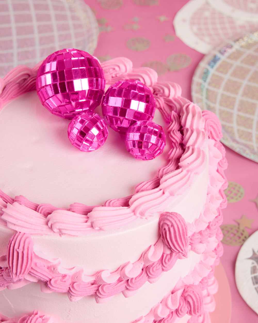 Pink Disco Topper - 4 disco ball cake toppers