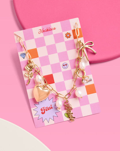 Bride Charm Necklace - gold, rhinestones + pearls