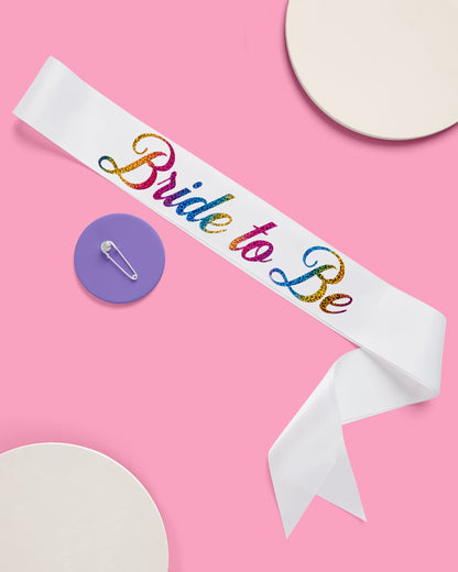 Bride Pride Sash - white silk + rainbow foil