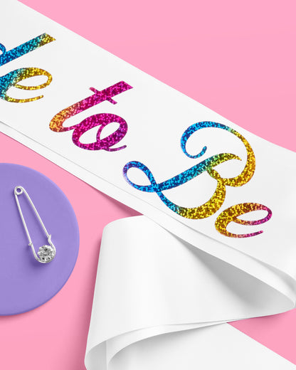 Bride Pride Sash - white silk + rainbow foil