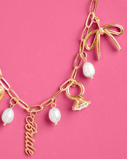 Bride Charm Necklace - gold, rhinestones + pearls