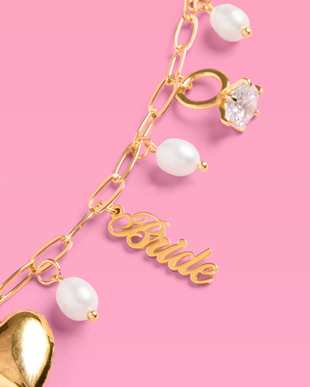 Bride Charm Necklace - gold, rhinestones + pearls