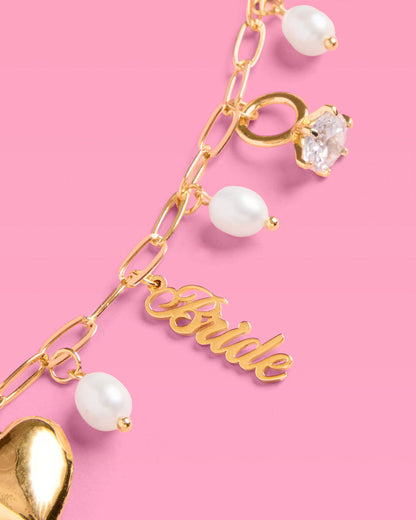Bride Charm Necklace - gold, rhinestones + pearls