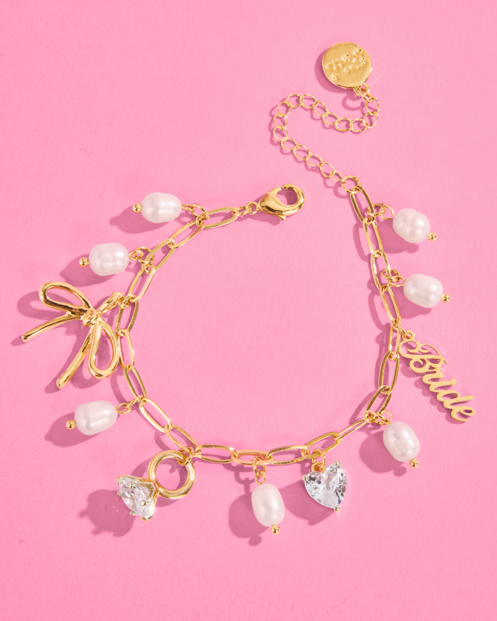 Bride Charm Bracelet - gold, rhinestones + pearls