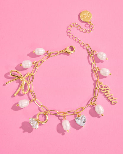 Bride Charm Bracelet - gold, rhinestones + pearls