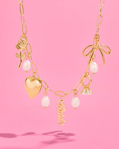Bride Charm Necklace - gold, rhinestones + pearls