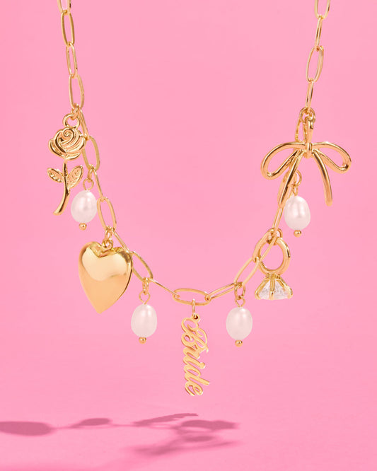 Bride Charm Necklace - gold, rhinestones + pearls